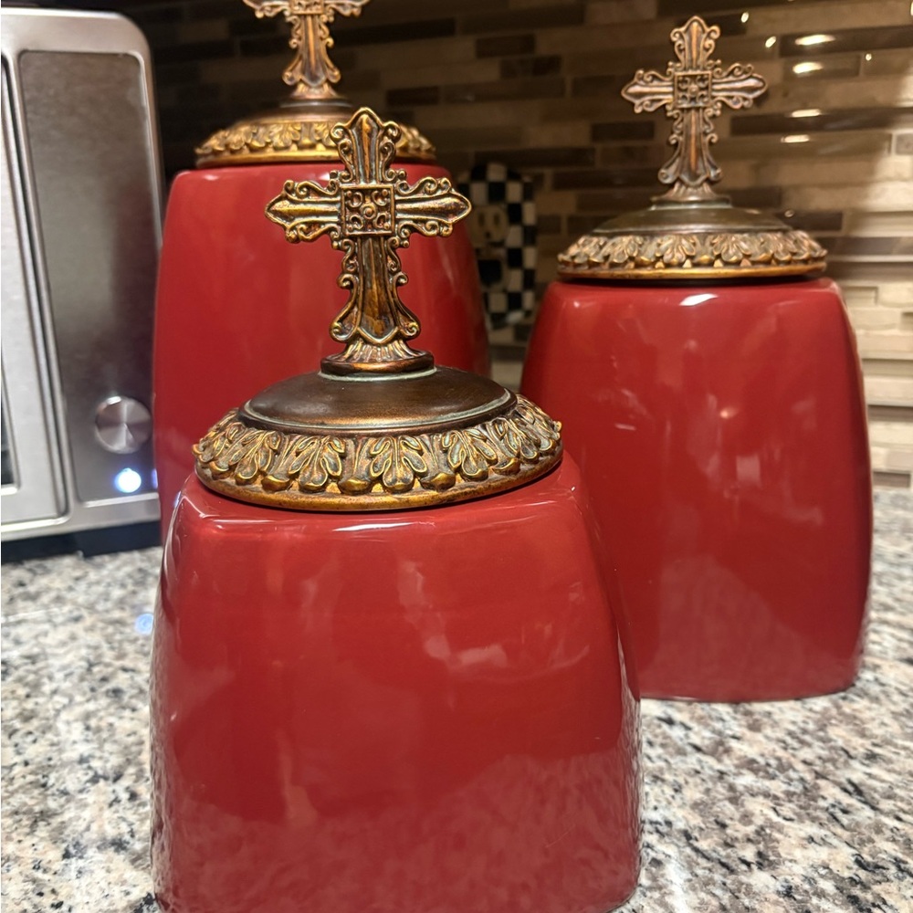 Elegant Red Canister Set with Cross Design